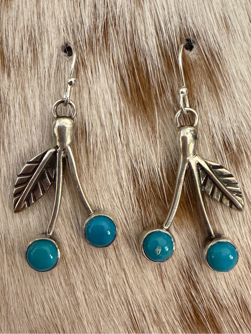 ❤️ Kingman Turquoise 925 Sterling 2 Stone Cherry Blossom Dangle Earrings 1.70”L